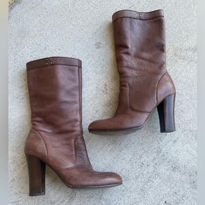 Miss Sixty Leather Brown Wood Heeled Boots 6.5 Narrow Chunky 90s Mid Calf Retro